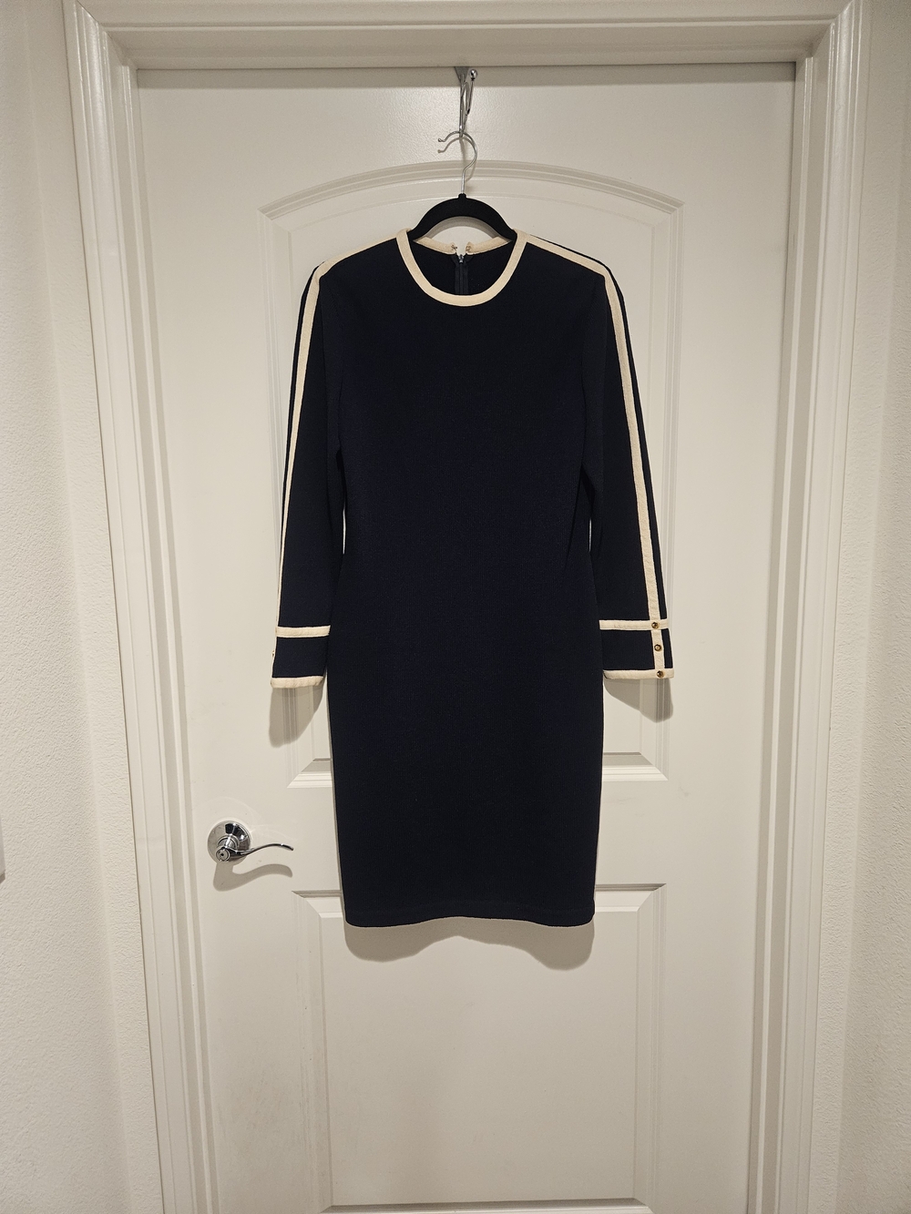 St. John Navy Midi Sheath Dress with Cream Trim